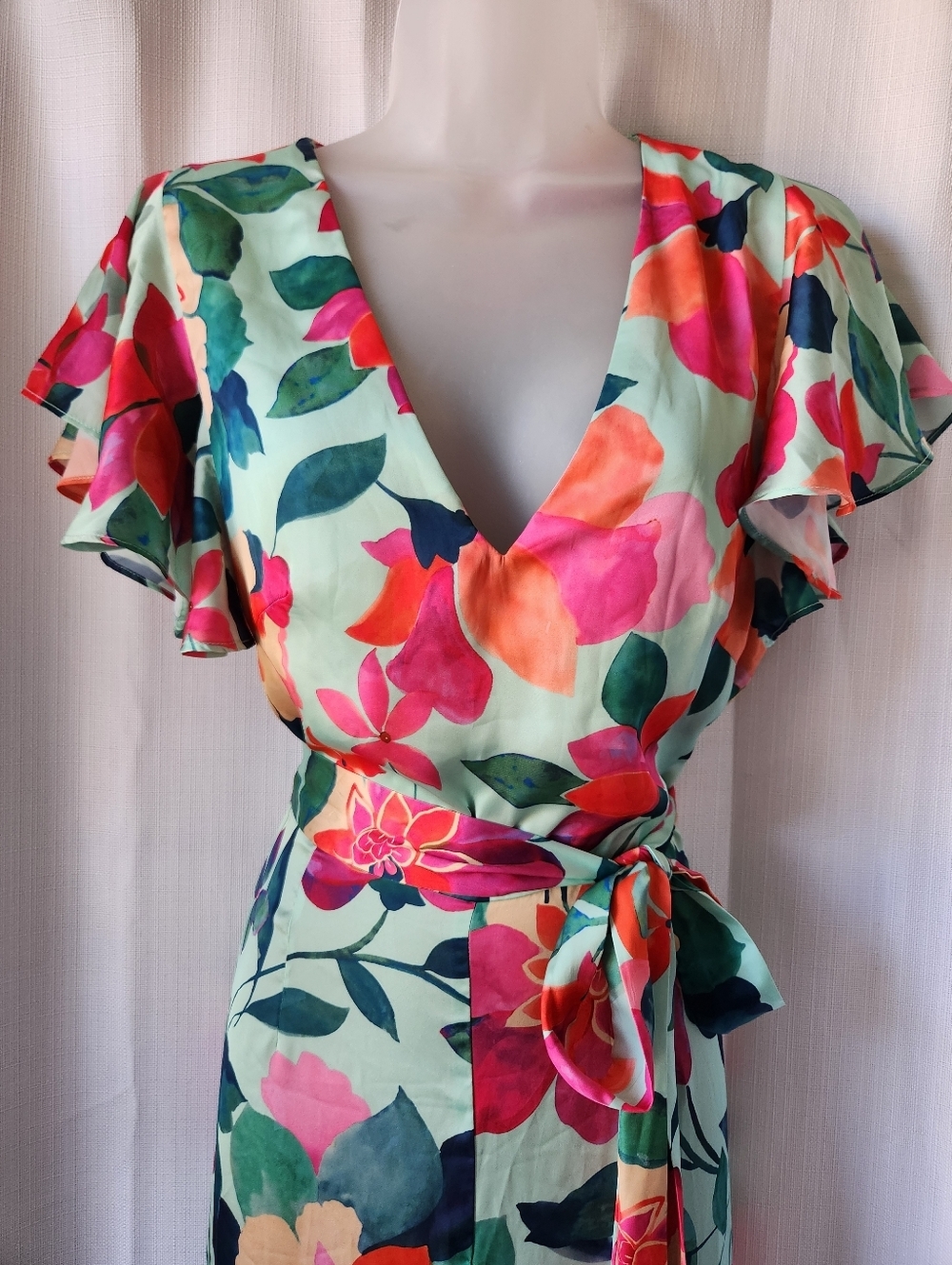 Zara Silky Floral V-Neck Wide-Leg Short Flutter Sleeve Jumpsuit Size L - Picture 4 of 12